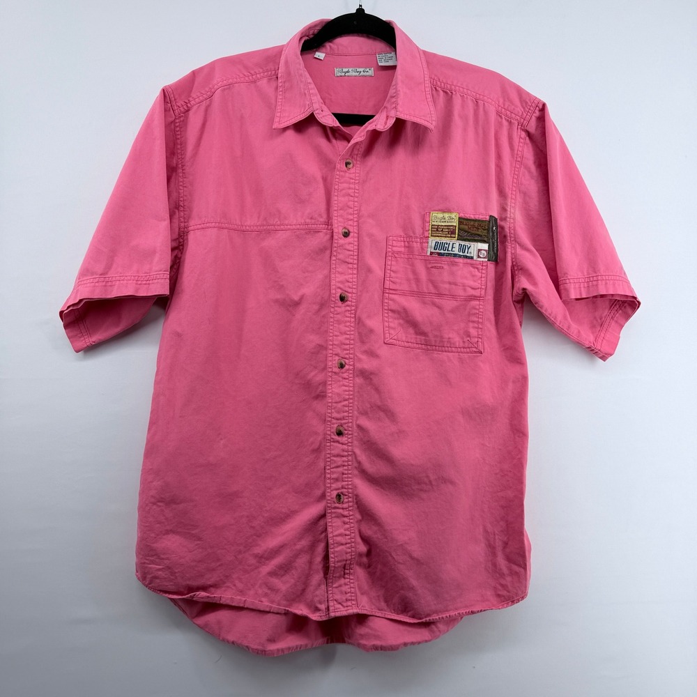 Vintage Bugle Boy‎ Co Mens Short Sleeve Pink Button Up Shirt Size Large